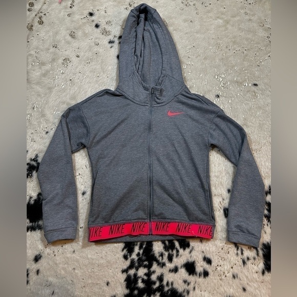 Nike Girl’s Dri-Fit Grey and Pink Full Zip Hooded Jacket Size XL - Picture 1 of 9